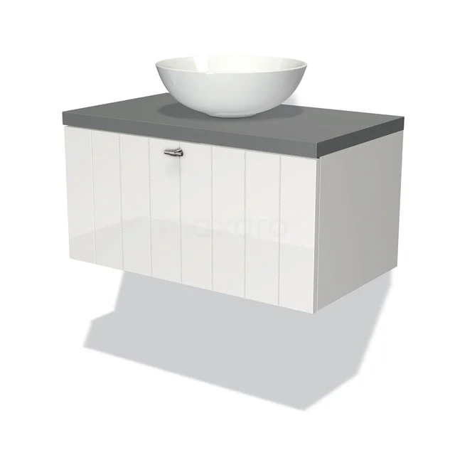 Weißes hängendes Badmöbel mit grauer Platte und rundem Aufsatzwaschbecken, modernes Design, ideal für stilvolle Badezimmergestaltung.