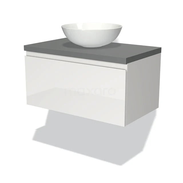 Weißes Badmöbel mit grauer Platte und rundem Waschbecken; stilvolle, moderne Lösung für Stauraum im Badezimmer.