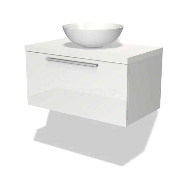 Weißes wandhängendes Badezimmermöbel mit Softclose-Schublade und modernem keramischen Aufsatzwaschbecken, ideal für eine stilvolle Badezimmergestaltung.