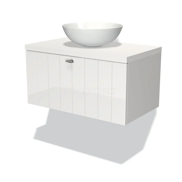 White floating bathroom unit with ceramic countertop wash basin, minimalist design and soft-close drawers.