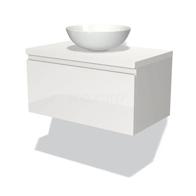 Wit hangend badkamermeubel met een ronde wastafel, minimalistisch design en glanzend afwerking, ideaal voor een moderne badkamer.