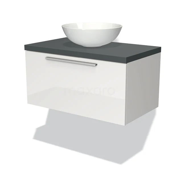 Weiße schwebende Badmöbel mit grauer Platte und rundem Aufsatzwaschbecken, modernes Design, ideal für ein schick eingerichtetes Badezimmer.