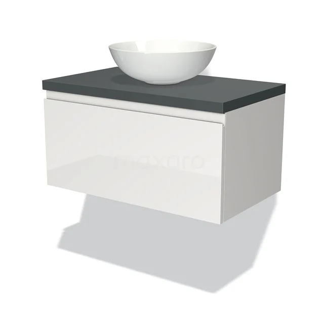 Wit hangend badkamermeubel met een grijze bovenblad en een ronde wastafel; compact design, perfect voor moderne badkamers.