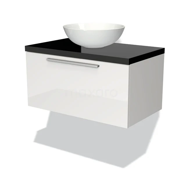 Waschtischunterschrank mit Konsole 80cm Modulo Plato Hochglanz Weiß 1 Schublade Flach Hochglanz Schwarz Platte BMK11-00492 Weißer hängender Badschrank mit schwarzer Platte und keramischem Aufsatzwaschbecken, modernes Design für stilvolle Badezimmergestaltung.