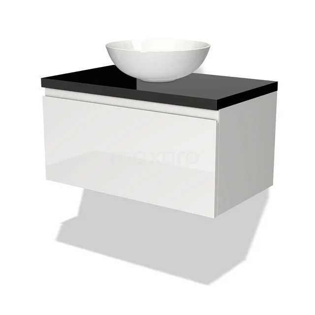 Wit hangend badkamermeubel met zwarte bovenblad en ronde wastafel, modern design.