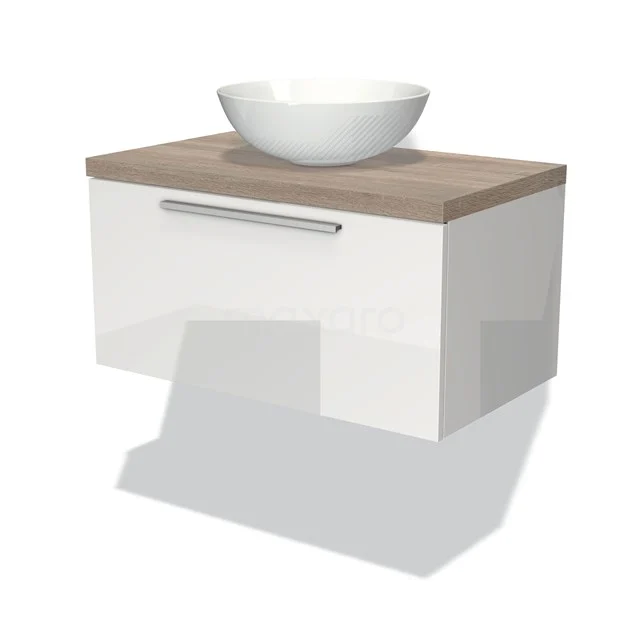 Waschtischunterschrank mit Konsole 80cm Modulo Plato Hochglanz Weiß 1 Schublade Flach Eiche Platte BMK11-00495 Weißes Badezimmermöbel mit Holzoptik Platte, keramischem Aufsatzwaschbecken und chromfarbener Haltegriff; modernes und elegantes Design.