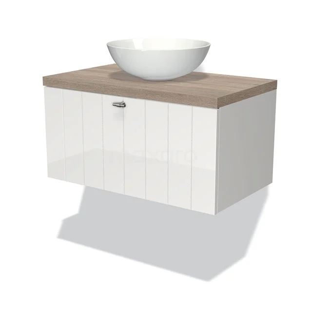 Wandhängendes Badezimmermöbel weiß mit Holzplatte und rundem Aufsatzwaschbecken, strakes Design, ideal für moderne Bäder.