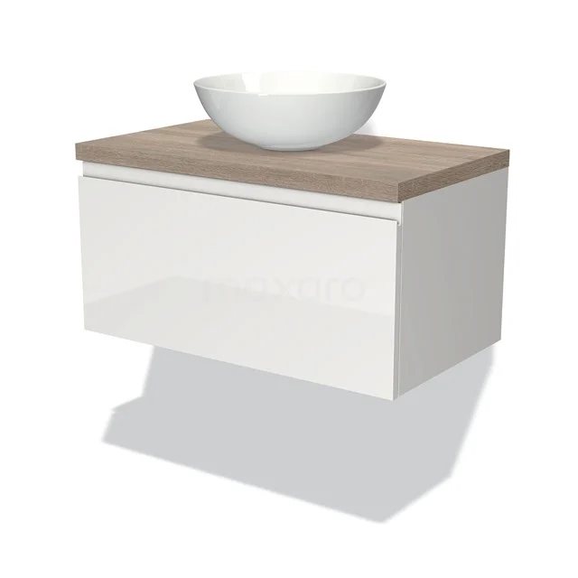 Modulo Plato Badmöbel mit Aufsatzwaschbecken | 80 cm Hochglanz Weiß Grifflos front Eiche blatt 1 Schublade BMK11-00497 Weißes schwebendes Badezimmermöbel mit Holzplatte und modernem runden Aufsatzwaschbecken, ideal für stilvolle Badezimmergestaltung.