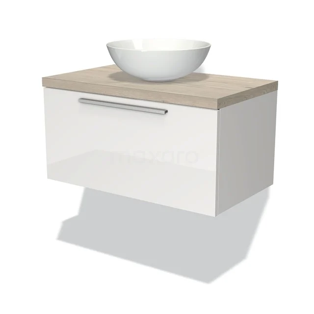 Weißes hängendes Badmöbel mit Holzplatte und rundem keramischen Aufsatzwaschbecken, modernes Design für ein stilvolles Badezimmer.