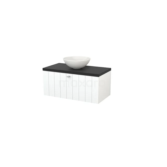 Modulo+ Plato Vanity units for countertop basin | 90 cm Matte white Slat front Carbon worktop 1 drawer BMK001302 White vanity unit with countertop basin, matt black top and subtle grooves, ideal for stylish bathroom design.
