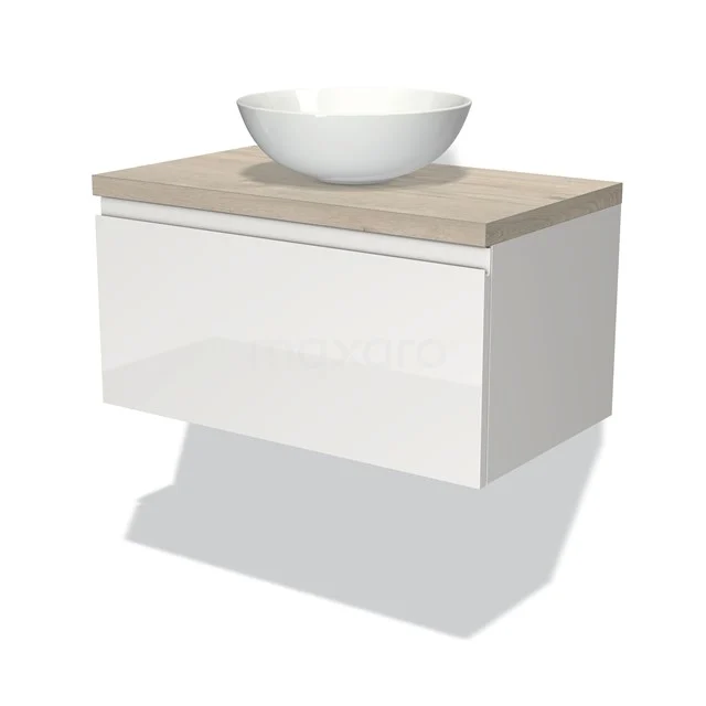 Modulo Plato Badmöbel mit Aufsatzwaschbecken | 80 cm Hochglanz Weiß Grifflos front Hellgraue Eiche blatt 1 Schublade BMK11-00500 Wandmontiertes Badezimmermöbel weiß mit einer Eichenplatte und einem modernen, runden Aufsatzwaschbecken aus Keramik.