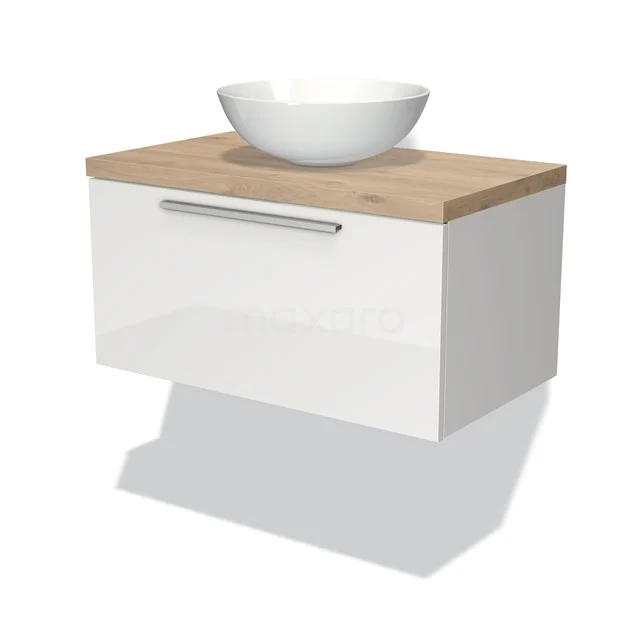 Hängendes Badmöbel, weiße Schublade, holzfarbener Oberseite, keramisches Aufsatzwaschbecken, modernes Design für stilvolle Bäder.