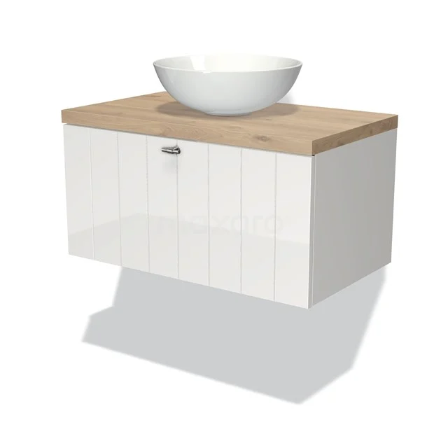 White bathroom unit with wooden worktop and round countertop wash basin, modern design for wall mounting. Perfect for a stylish bathroom.