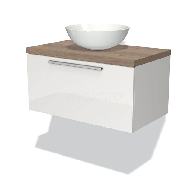 Weißes hängendes Badezimmermöbel mit Holzplatte und rundem Aufsatzwaschbecken, modernes Design, ideal für stilvolle Badezimmergestaltung.