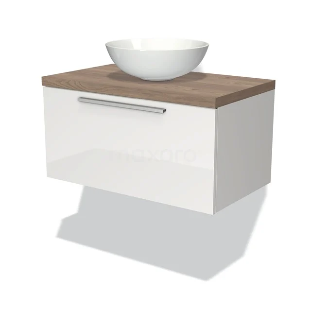 Weißes hängendes Badezimmermöbel mit Holzplatte und rundem Aufsatzwaschbecken, modernes Design, ideal für stilvolle Badezimmergestaltung.