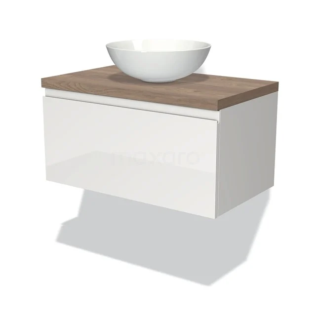 Modulo Plato Badmöbel mit Aufsatzwaschbecken | 80 cm Hochglanz Weiß Grifflos front Mittelbraune Eiche blatt 1 Schublade BMK11-00506 Wandmöbel Badezimmer, weiß Holz, mit keramischer Schüssel; modernes Design, naturholz Platte.