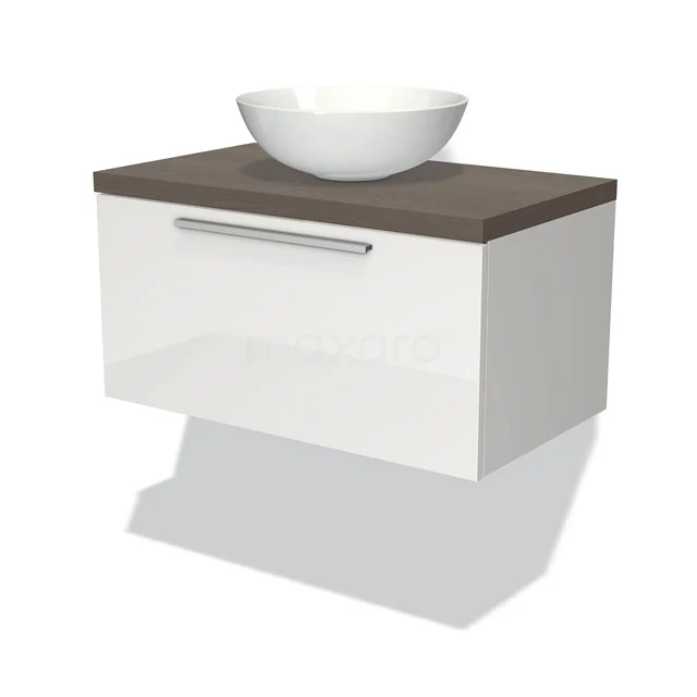 Weißes hängendes Badmöbel mit modernem Design, Holzlook Platte und integriertem Waschbecken; ideal für ein stilvolles Badezimmer.