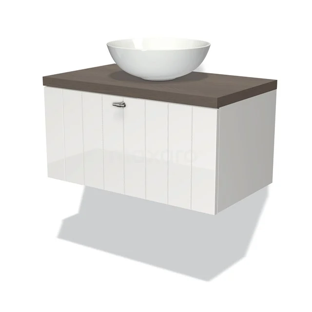Weißes schwebendes Badmöbel mit Holzlook Platte und runder keramischer Waschbecken, modernes Design aus luxuriöser Badezimmerkollektion.