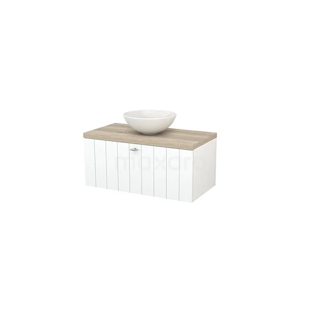 White hanging bathroom unit with wood-look worktop and round countertop wash basin, ideal for a modern and sleek bathroom design.