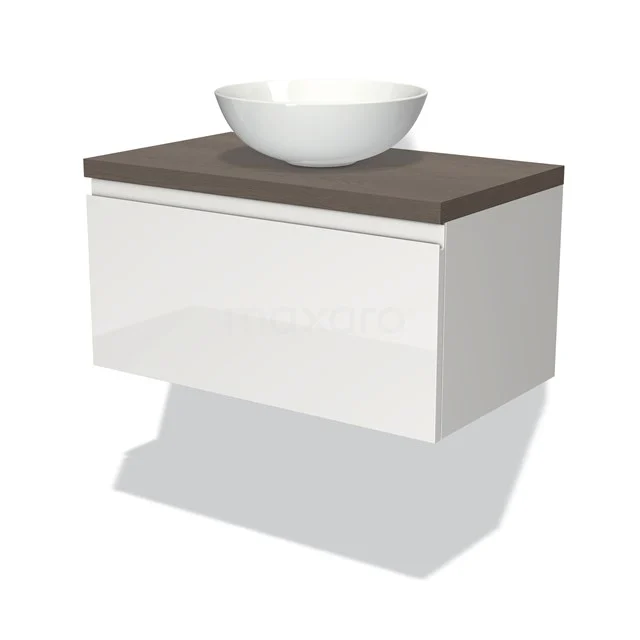 Waschtischunterschrank mit Konsole 80cm Modulo Plato Hochglanz Weiß 1 Schublade Grifflos dunkelbraune Eiche Platte BMK11-00509 Weißes schwebendes Badmöbel mit Holzplatte und einem rundes Waschbecken, modernes Design für ein stilvolles Badezimmer.