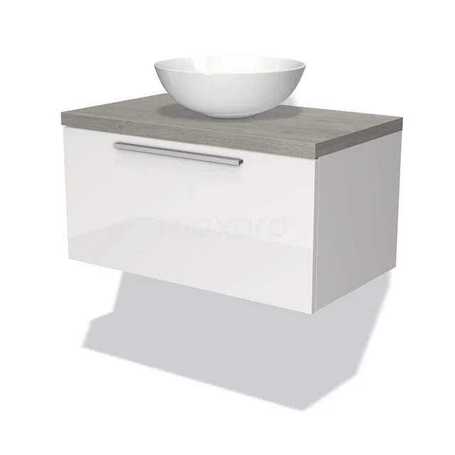 Weißes schwebendes Badmöbel mit grauer Platte, integrierter schalenförmiger Waschbecken, schnörkelloses Design und metallischem Haltegriff.