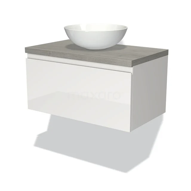 Modulo Plato Badmöbel mit Aufsatzwaschbecken | 80 cm Hochglanz Weiß Grifflos front Graue Eiche blatt 1 Schublade BMK11-00512 Weißes hängendes Badmöbel mit Beton-Grau Platte und rundem Waschbecken, modernes Design für ein stilvolles Badezimmer.