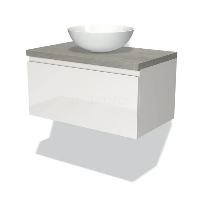 Waschtischunterschrank mit Konsole 80cm Modulo Plato Hochglanz Weiß 1 Schublade Grifflos Graue Eiche Platte BMK11-00512 Weißes hängendes Badmöbel mit Beton-Grau Platte und rundem Waschbecken, modernes Design für ein stilvolles Badezimmer.