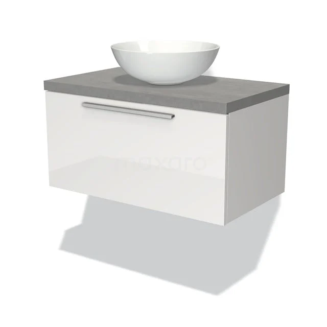 Modulo Plato Badmöbel mit Aufsatzwaschbecken | 80 cm Hochglanz Weiß Flach front Hellgrauer Beton blatt 1 Schublade BMK11-00513 Weißes hängendes Badmöbel mit grauer Keramikoberfläche und rundem Aufsatzwaschbecken, modernes Design für stilvolle Bäder.