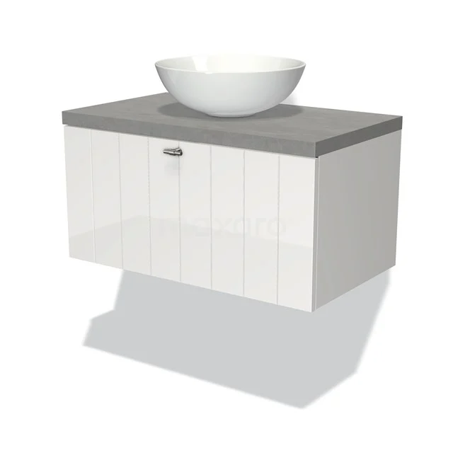 Weißes hängendes Badmöbel mit grauer Oberseite und rundem Aufsatzwaschbecken, modernes Design für stilvolle Badezimmergestaltung.