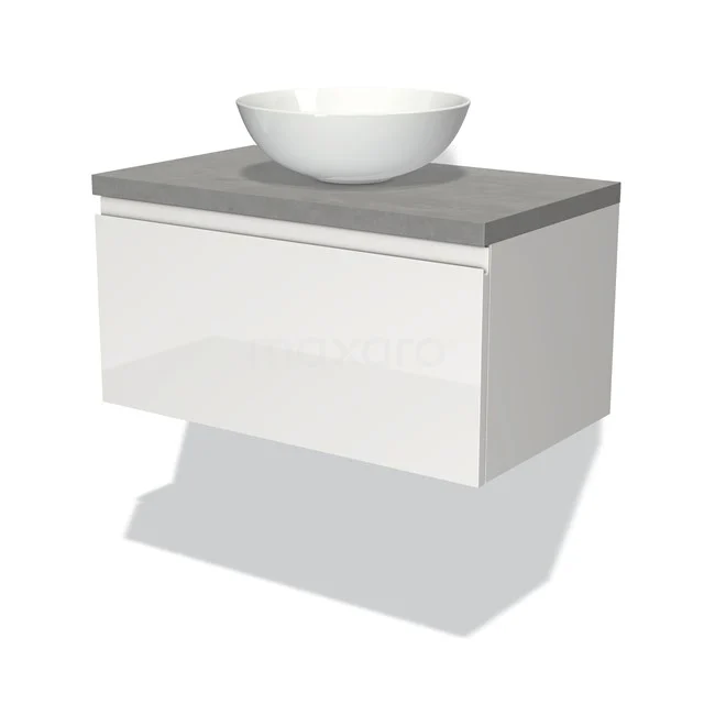 Wit hangend badkamermeubel met grijs blad en ronde wastafel, modern design, ideaal voor een stijlvolle badkamer inrichting.