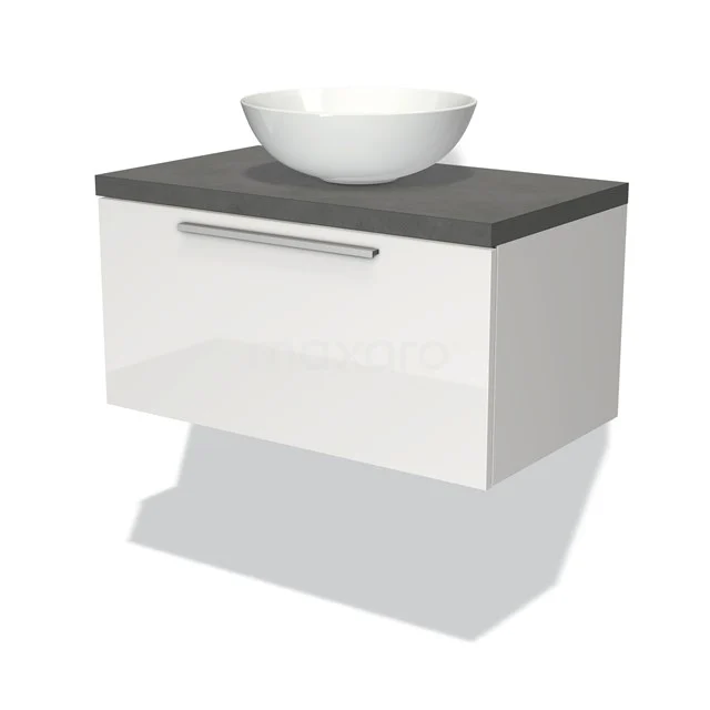 Weißer hängender Badschrank mit grauer Platte und rundem weißen Aufsatzwaschbecken, modernes Design, perfekt für kompakte Bäder.