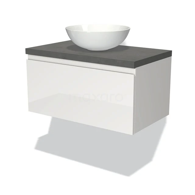 Weißes Badmöbel mit grauer Waschtischplatte, keramischem Aufsatzwaschbecken und minimalistischem Design für moderne Bäder.