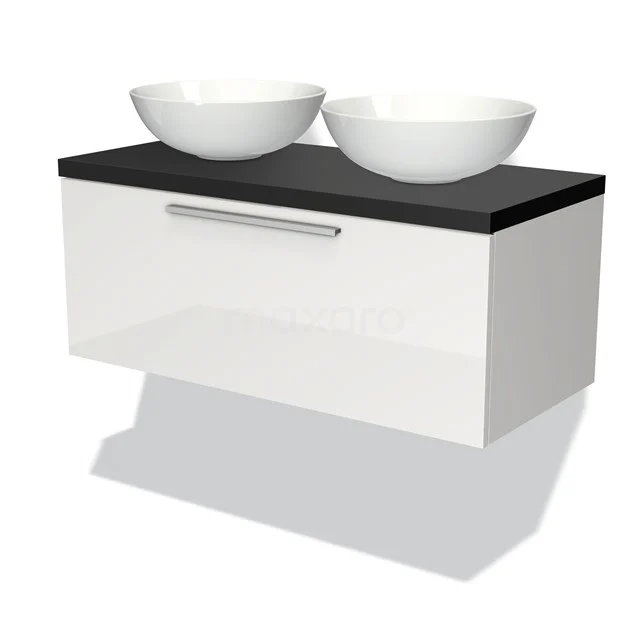 Wandmontierte weiße Badmöbel mit schwarzer Holzoberfläche und zwei stilvollen runden Waschbecken, ideal für moderne Bäder.