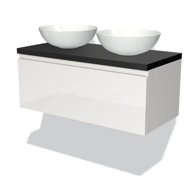 Wall-mounted white bathroom unit with black top and two round basins; modern design, ideal for a stylish bathroom.