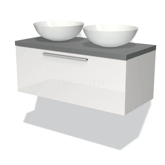 Weißes hängendes Badmöbel mit zwei runden Aufsatzwaschbecken und grauer Oberseite, modernes Design für stilvolle Bäder.