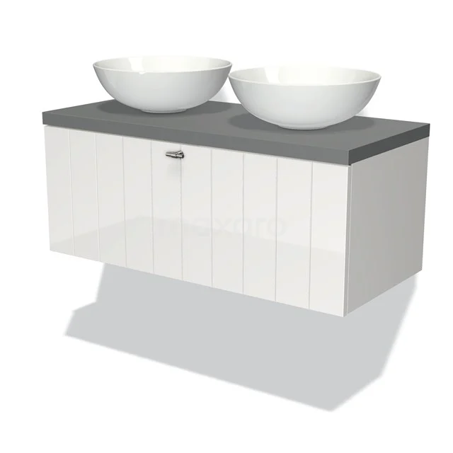 Modulo Plato Vanity units for countertop basin | 100 cm High-gloss white Slat front Mid grey worktop 1 drawer BMK11-00523 Vanity unit white with anthracite worktop, two round countertop wash basins, modern design, perfect for stylish bathrooms.