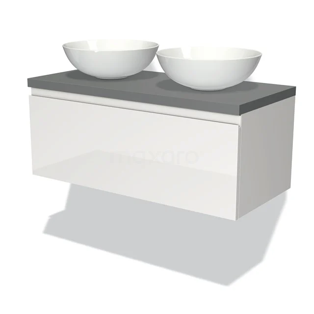 Badmöbel für Waschtischunterschrank mit Konsole 100cm Modulo Plato Hochglanz Weiß 1 Schublade Grifflos Mittelgrau Platte BMK11-00524 Weißes hängendes Badmöbel mit zwei runden Aufsatzwaschbecken und einer grauen Platte, elegantes Design für moderne Bäder.
