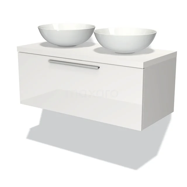 Moderne weiße Badmöbel mit doppelten Aufsatzwaschbecken, Hochglanzoberfläche und einem klaren Design.