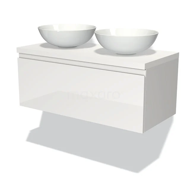 Badmöbel für Waschtischunterschrank mit Konsole 100cm Modulo Plato Hochglanz Weiß 1 Schublade Grifflos Matt Weiß Platte BMK11-00527 Weißes schwebendes Badmöbel mit doppelten runden Aufsatzwaschbecken, Hochglanz-Finish, modernes Erscheinungsbild.