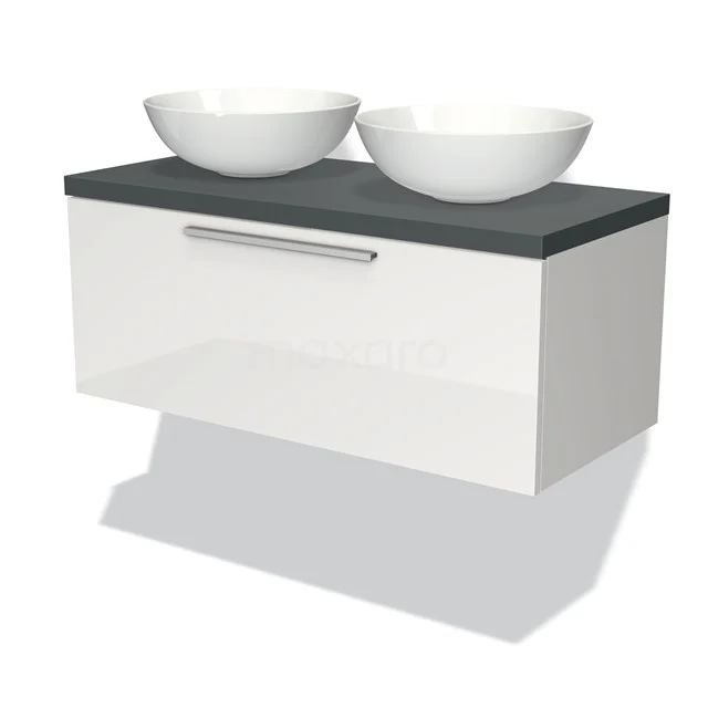 Weiße Badmöbel mit 2 runden Aufsatzwaschbecken, Dunkelgrau Platte und verchromtem Haltegriff; modernes Design für stilvolle Bäder.