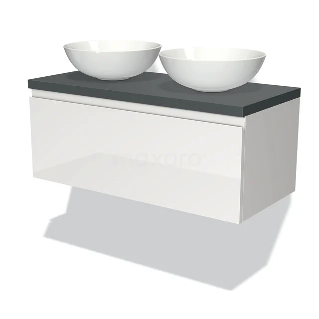 Weißes schwebendes Badmöbel mit doppelten Aufsatzwaschbecken und grauer Kompositplatte, ideal für moderne Bäder.