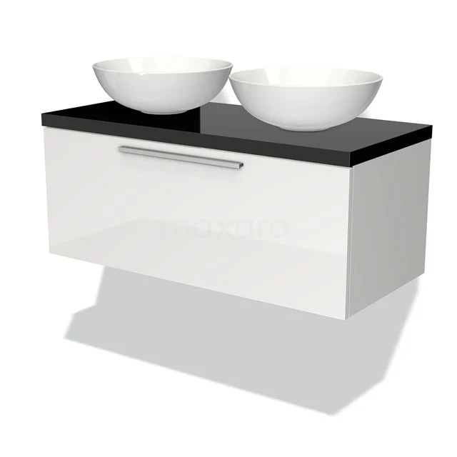 Weißer Badschrank mit gläserner schwarzer Platte und doppeltem Aufsatzwaschbecken, elegantes modernes Design, ideal für stilvolle Bäder.