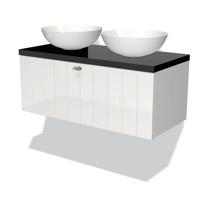 Weißes hängendes Badezimmermöbel mit schwarzer Platte und zwei runden Aufsatzwaschbecken, schafft einen modernen, klaren Look für jedes Badezimmer.