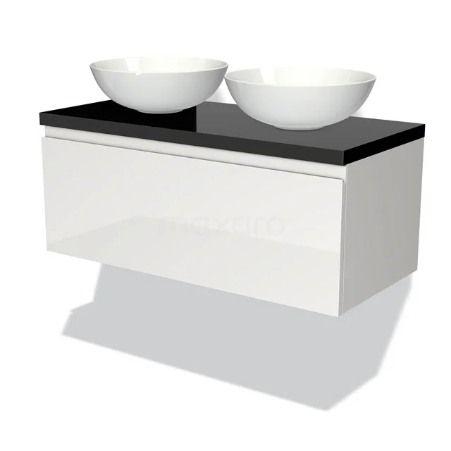 Weißes schwebendes Badmöbel mit schwarzer Oberplatte und zwei keramischen Waschbecken, modernes Design für stilvolle Bäder.