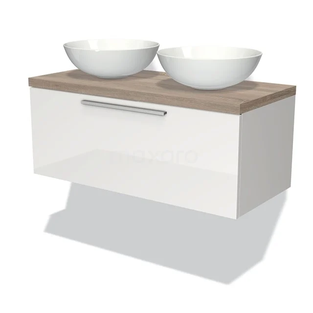 Weiße schwebende Badmöbel mit Holzlook Platte und doppelten runden Waschbecken, ideal für moderne Bäder.