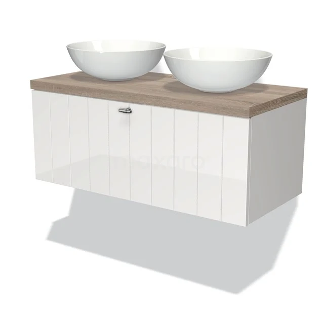 Weißes hängendes Badezimmermöbel mit Holzlook Platte, zwei runden Aufsatzwaschbecken und geriffelten Schranktüren, modernes und elegantes Design.