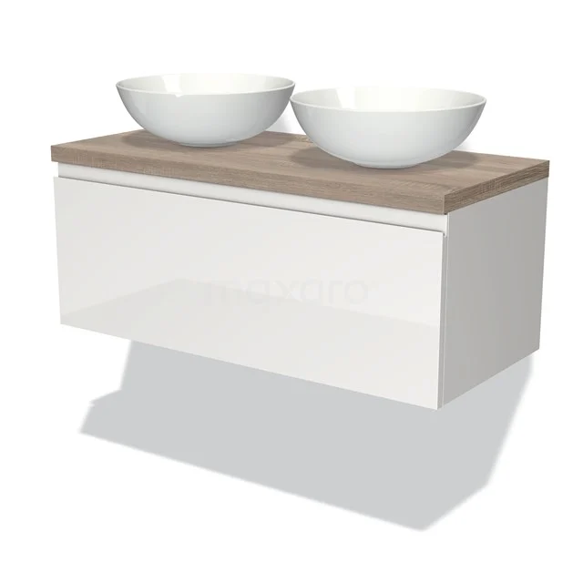 Badmöbel für Waschtischunterschrank mit Konsole 100cm Modulo Plato Hochglanz Weiß 1 Schublade Grifflos Eiche Platte BMK11-00536 Weißes schwebendes Badezimmermöbel mit Holzoptik Platte und zwei runden Waschbecken, ideal für ein modernes Badezimmer.