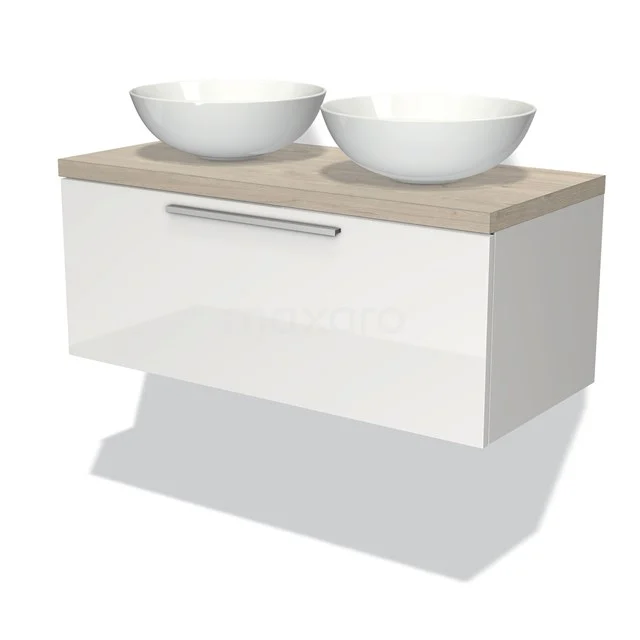 Modulo Plato Vanity units for countertop basin | 100 cm High-gloss white Flat front Light grey oak worktop 1 drawer BMK11-00537