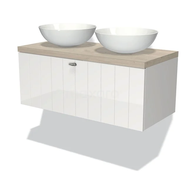 Modern white bathroom unit with wood-look worktop, two round countertop wash basins and handle-less design, ideal for a stylish bathroom.