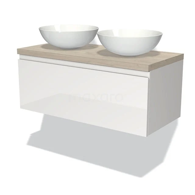 Weißes schwebendes Badmöbel mit Holzlook Platte und doppelten weißen Aufsatzwaschbecken, modernes Design für stilvolle Bäder.